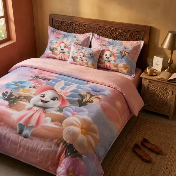 Pink_Glace_Cotton_Character_Print_With_Floral_Elements_Bedsheet_With_Pillow_Cover_For_Bedroom