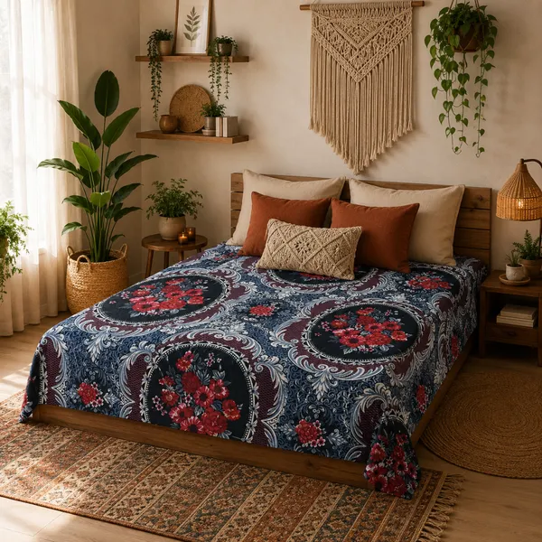Navy_Blue_Cotton_&_Polyester_Floral_Paisley_Bedsheet_With_Pillow_Cover_For_Bedroom