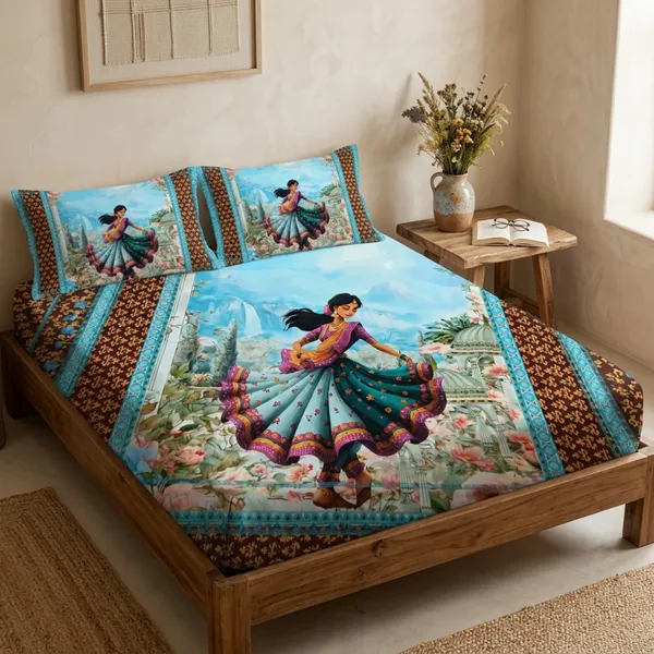 Turquoise_Glace_Cotton_Dancing_Girl_Print_Bedsheet_With_Pillow_Cover_For_Bedroom