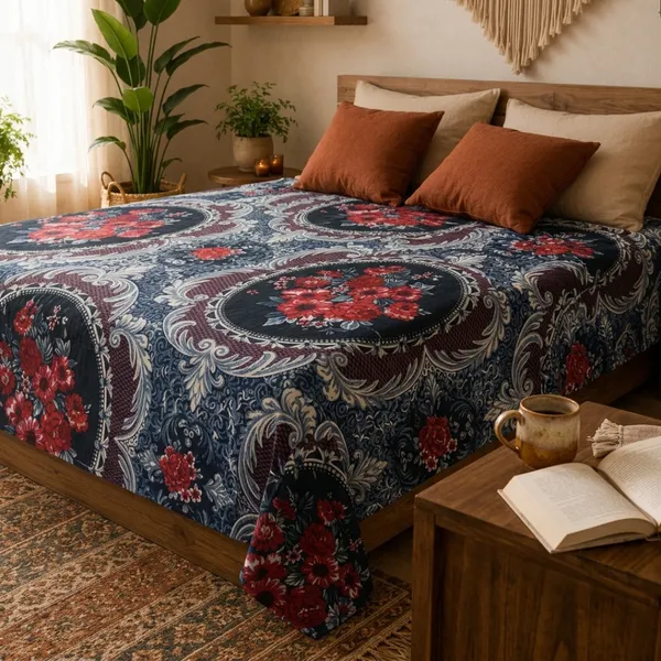 Navy_Blue_Cotton_&_Polyester_Floral_Paisley_Bedsheet_With_Pillow_Cover_For_Bedroom