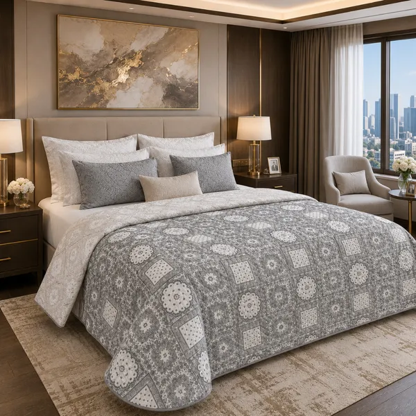 Grey_Microfiber_Medallion_Print_With_Geometric_Patterns_Quilt_For_Bedroom