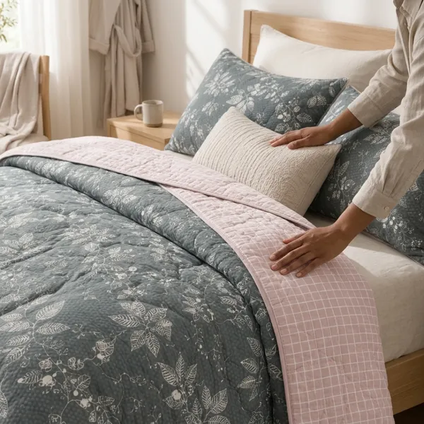 Grey_&_Pink_Microfiber_Floral_And_Fern_Botanical_Checkered_Quilt_For_Bedroom