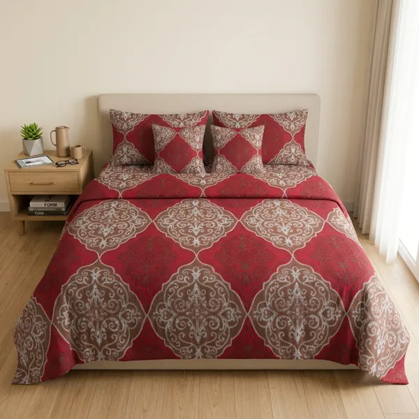 Red_Cotton_&_Polyester_Damask_Print_Bedsheet_With_Pillow_Cover_For_Bedroom