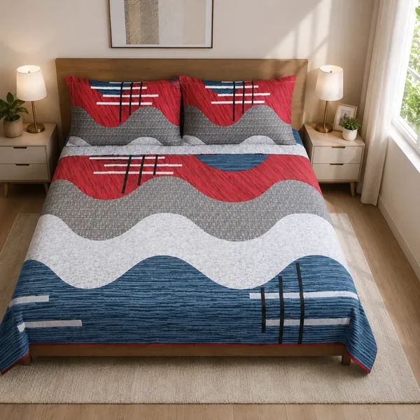 Multicolor_Cotton_&_Polyester_Abstract_Wave_With_Geometric_Stripes_Bedsheet_With_Pillow_Cover_For_Bedroom