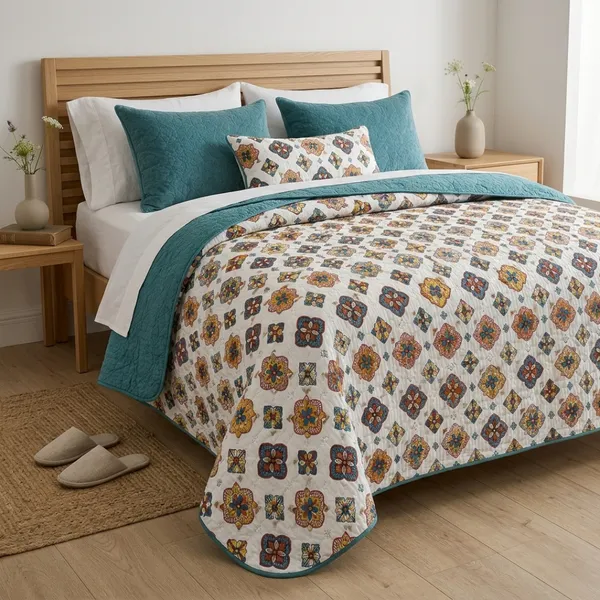 Teal_Microfiber_Moroccan_Tile_Print_Quilt_For_Bedroom