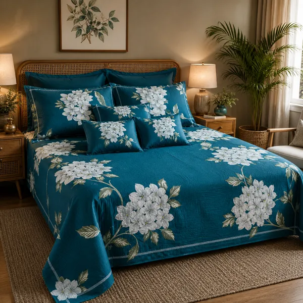 Teal_Blue_Cotton_&_Polyester_Floral_Print_Bedsheet_With_Pillow_Cover_For_Bedroom
