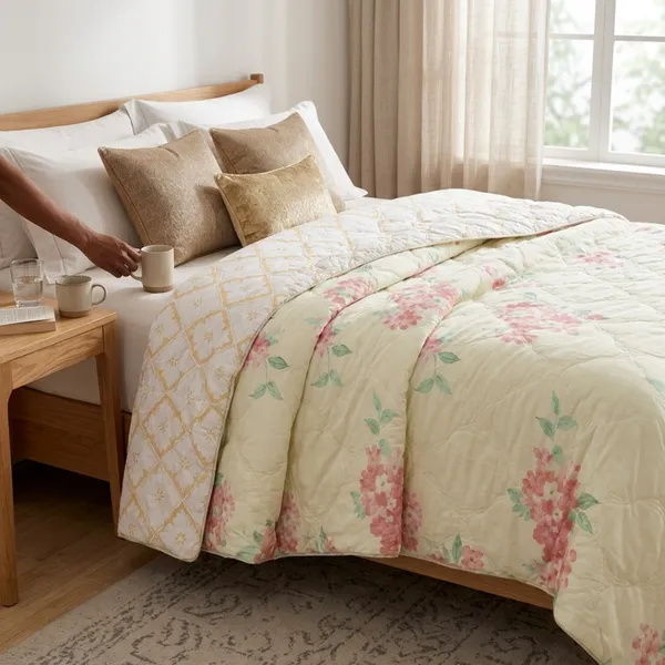 Cream_Microfiber_Floral_With_Geometric_Reverse_Quilt_For_Bedroom