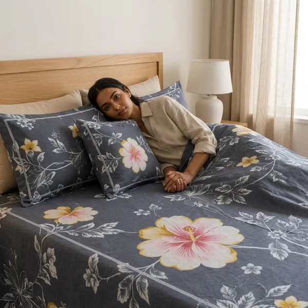Grey_Cotton_&_Polyester_Floral_Print_Bedsheet_With_Pillow_Cover_For_Bedroom