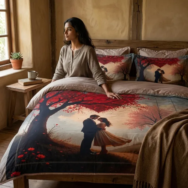 Multicolor_Glace_Cotton_Romantic_Couple_Silhouette_With_Autumn_Tree_Bedsheet_With_Pillow_Cover_For_Bedroom