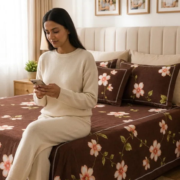 Brown_Cotton_&_Polyester_Floral_Print_Bedsheet_With_Pillow_Cover_For_Bedroom