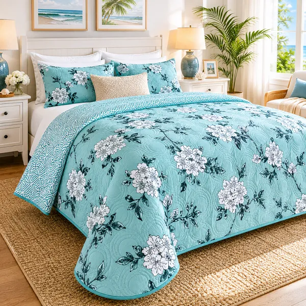 Aqua_Blue_Microfiber_Floral_Print_With_Geometric_Reverse_Quilt_For_Bedroom
