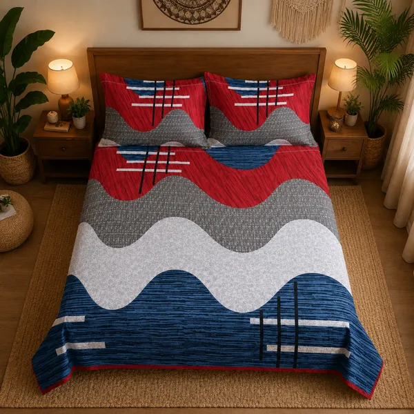 Multicolor_Cotton_&_Polyester_Abstract_Wave_With_Geometric_Stripes_Bedsheet_With_Pillow_Cover_For_Bedroom