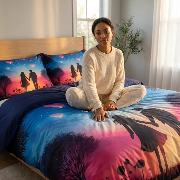 Multicolor_Glace_Cotton_Romantic_Couple_Silhouette_With_Twilight_Scene_And_Heart_Motifs_Bedsheet_With_Pillow_Cover_For_Bedroom