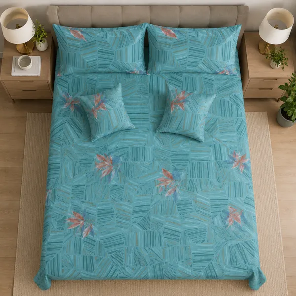 Turquoise_Premium_Cotton_Floral_Print_With_Geometric_Lines_Bedsheet_With_Pillow_Cover_For_Bedroom