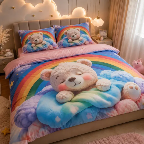 Multicolor_Glace_Cotton_Bear_Print_With_Rainbow_And_Cloud_Motifs_Bedsheet_With_Pillow_Cover_For_Bedroom
