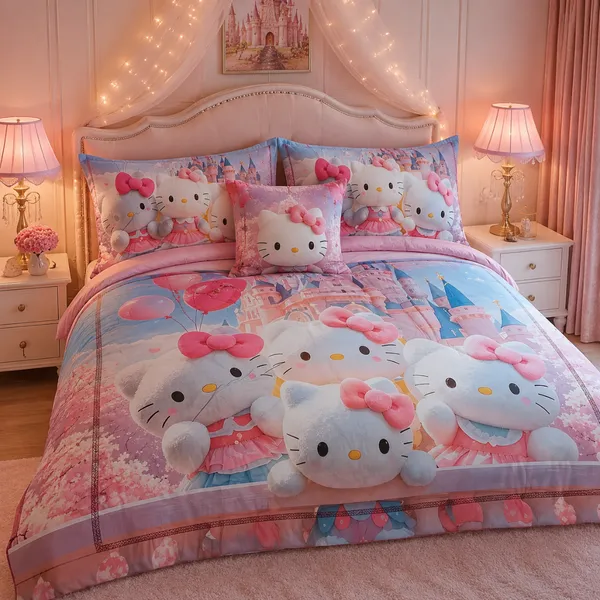 Pink_Glace_Cotton_Hello_Kitty_Castle_Print_With_Bow_Motifs_Bedsheet_With_Pillow_Cover_For_Bedroom