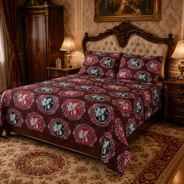 Maroon_Cotton_&_Polyester_Floral_Medallion_Print_Bedsheet_With_Pillow_Cover_For_Bedroom