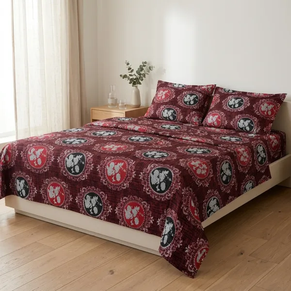 Maroon_Cotton_&_Polyester_Floral_Medallion_Print_Bedsheet_With_Pillow_Cover_For_Bedroom