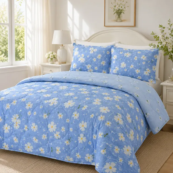Blue_Microfiber_Floral_Daisy_Print_Quilt_For_Bedroom