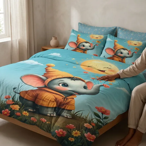 Turquoise_Blue_Glace_Cotton_Elephant_Print_With_Floral_Motifs_Bedsheet_With_Pillow_Cover_For_Bedroom