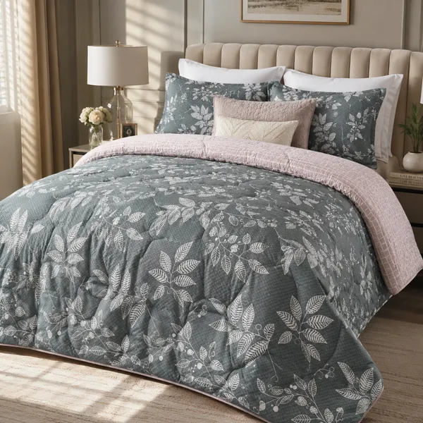 Grey_&_Pink_Microfiber_Floral_And_Fern_Botanical_Checkered_Quilt_For_Bedroom
