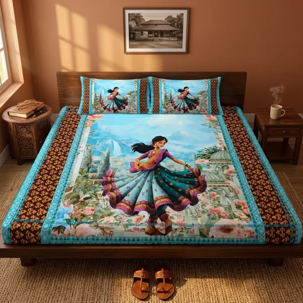 Turquoise_Glace_Cotton_Dancing_Girl_Print_Bedsheet_With_Pillow_Cover_For_Bedroom