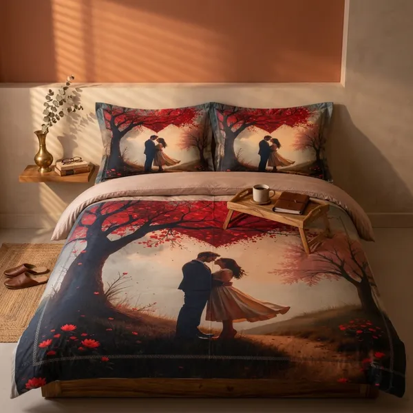 Multicolor_Glace_Cotton_Romantic_Couple_Silhouette_With_Autumn_Tree_Bedsheet_With_Pillow_Cover_For_Bedroom