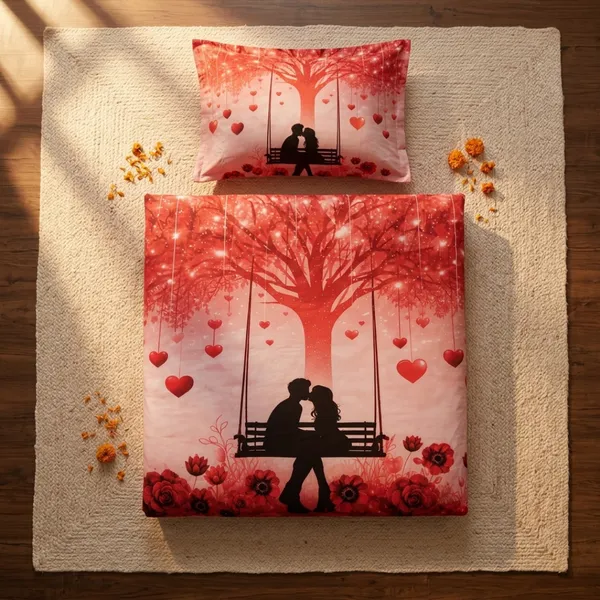 Multicolor_Glace_Cotton_Romantic_Couple_Print_With_Heart-Shaped_Leaves_And_Floral_Elements_Bedsheet_With_Pillow_Cover_For_Bedroom