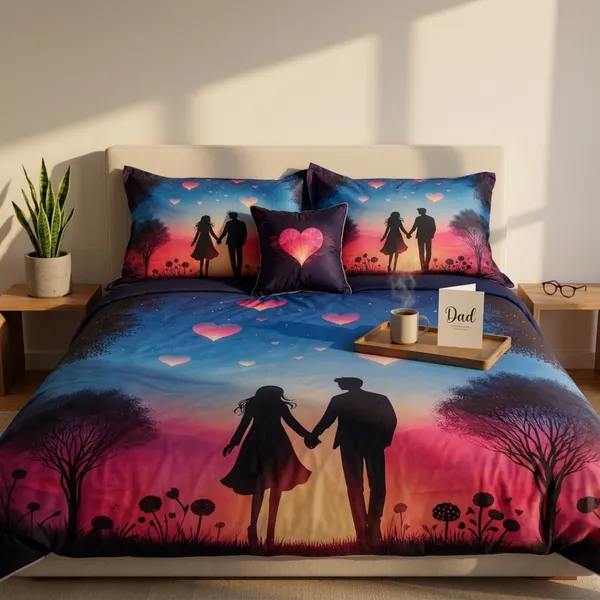 Multicolor_Glace_Cotton_Romantic_Couple_Silhouette_With_Twilight_Scene_And_Heart_Motifs_Bedsheet_With_Pillow_Cover_For_Bedroom