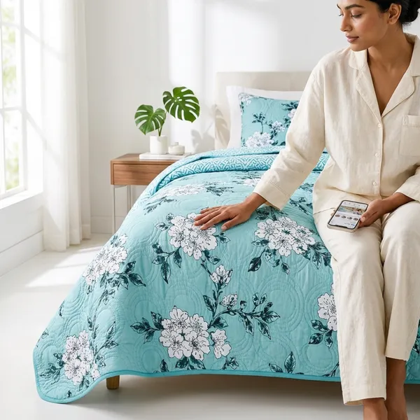 Aqua_Blue_Microfiber_Floral_Print_With_Geometric_Reverse_Quilt_For_Bedroom