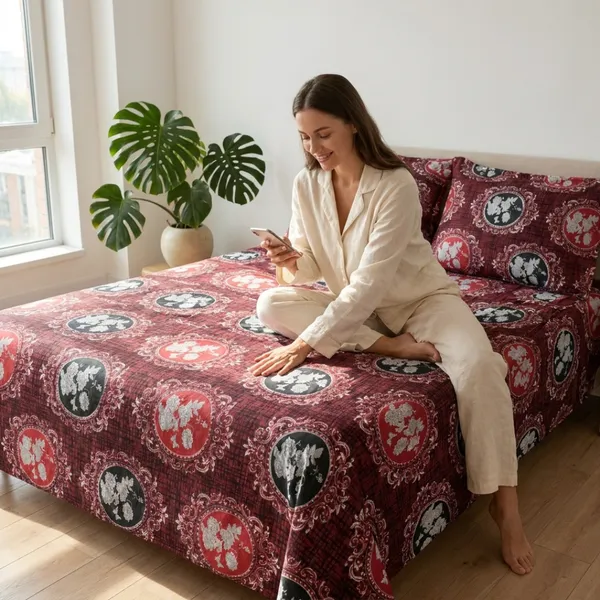 Maroon_Cotton_&_Polyester_Floral_Medallion_Print_Bedsheet_With_Pillow_Cover_For_Bedroom