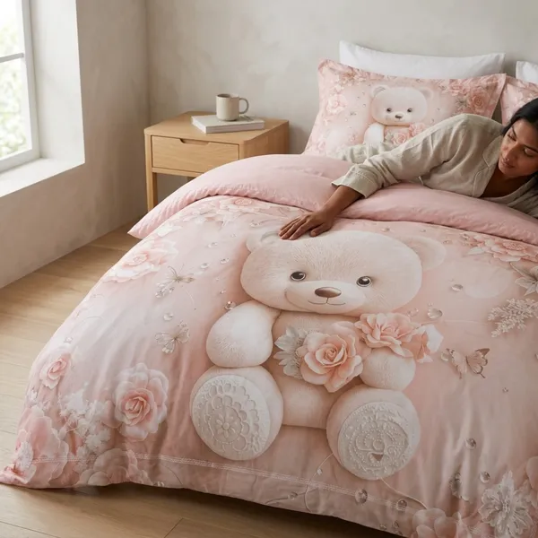 Pink_Glace_Cotton_Floral_Teddy_Bear_Print_Bedsheet_With_Pillow_Cover_For_Bedroom