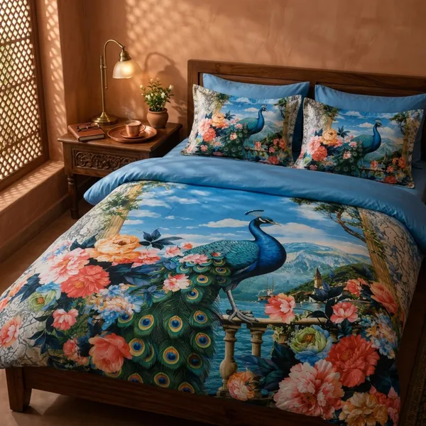 Blue_Glace_Cotton_Peacock_And_Floral_Print_Bedsheet_With_Pillow_Cover_For_Bedroom