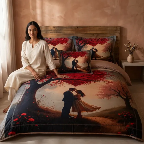 Multicolor_Glace_Cotton_Romantic_Couple_Silhouette_With_Autumn_Tree_Bedsheet_With_Pillow_Cover_For_Bedroom