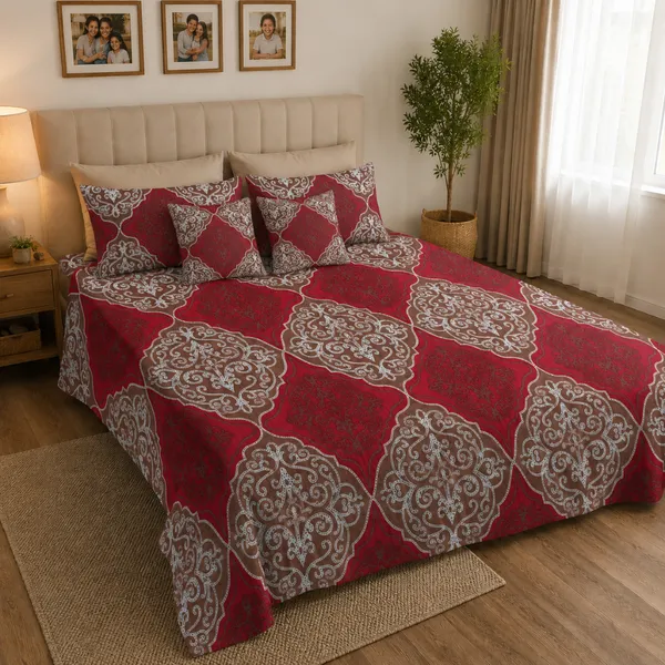 Red_Cotton_&_Polyester_Damask_Print_Bedsheet_With_Pillow_Cover_For_Bedroom