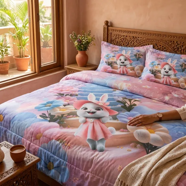 Pink_Glace_Cotton_Character_Print_With_Floral_Elements_Bedsheet_With_Pillow_Cover_For_Bedroom