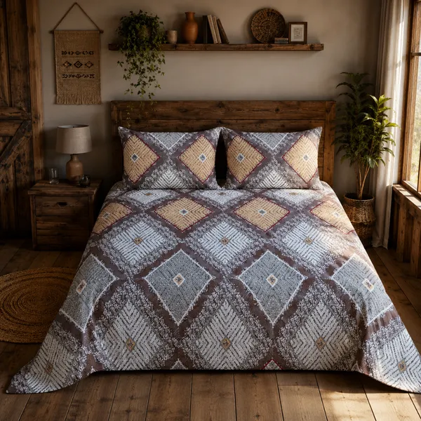 Multicolor_Cotton_&_Polyester_Geometric_Diamond_Bedsheet_With_Pillow_Cover_For_Bedroom