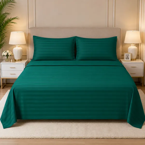 Emerald_Green_Cotton_Stripe_Bedsheet_With_Pillow_Cover_For_Bedroom