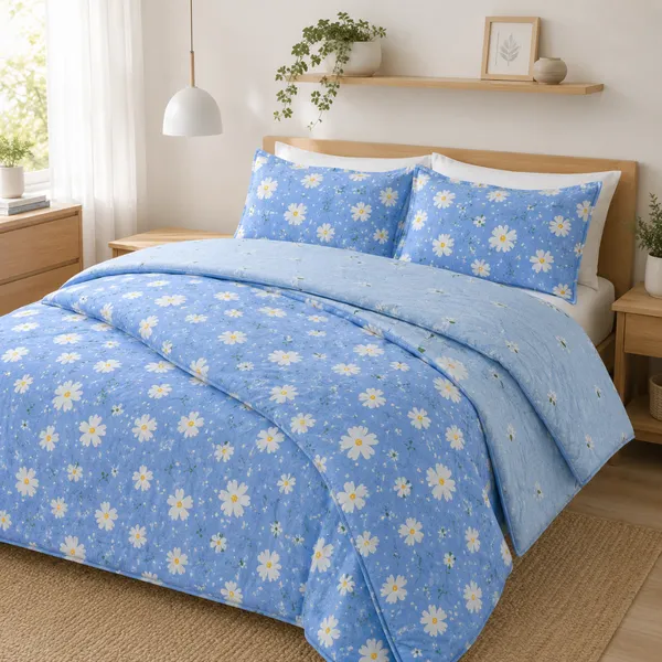 Blue_Microfiber_Floral_Daisy_Print_Quilt_For_Bedroom