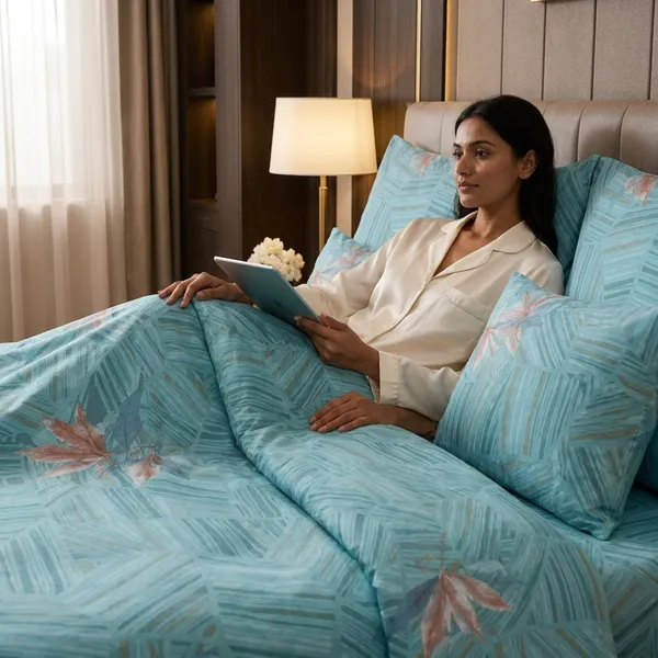 Turquoise_Premium_Cotton_Floral_Print_With_Geometric_Lines_Bedsheet_With_Pillow_Cover_For_Bedroom