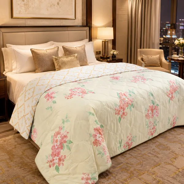 Cream_Microfiber_Floral_With_Geometric_Reverse_Quilt_For_Bedroom