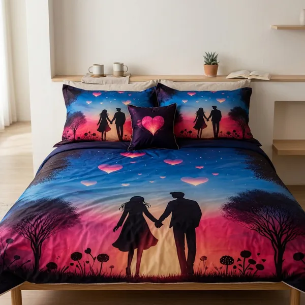 Multicolor_Glace_Cotton_Romantic_Couple_Silhouette_With_Twilight_Scene_And_Heart_Motifs_Bedsheet_With_Pillow_Cover_For_Bedroom