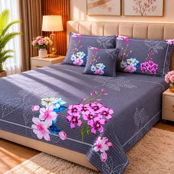 Grey_Cotton_&_Polyester_Floral_Print_Bedsheet_With_Pillow_Cover_For_Bedroom