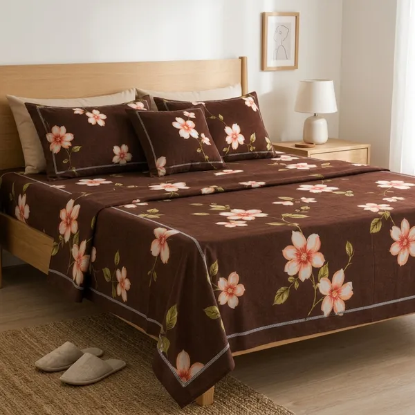 Brown_Cotton_&_Polyester_Floral_Print_Bedsheet_With_Pillow_Cover_For_Bedroom