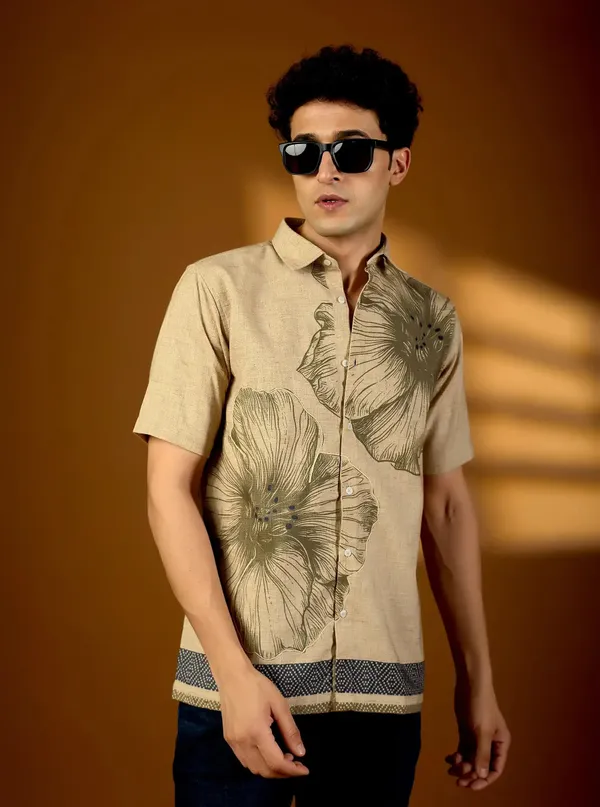 Mens_Earth_Tone_Botanical_Print_Textured_Cotton_Shirt_Artisan_Short_Sleeve_Product_Earth_Tone