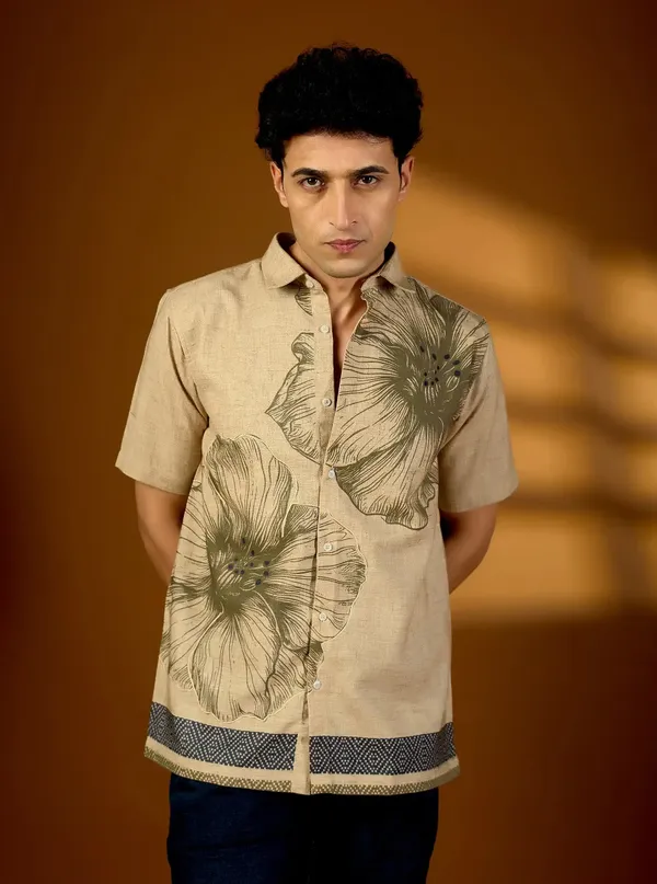 Mens_Earth_Tone_Botanical_Print_Textured_Cotton_Shirt_Artisan_Short_Sleeve_Product_Earth_Tone