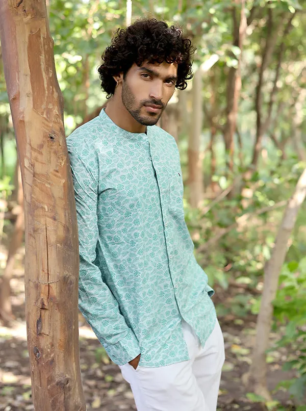 Mens_Premium_100_Cotton_Mint_Botanical_Print_Mandarin_Collar_Shirt_Mint_Pinstripe