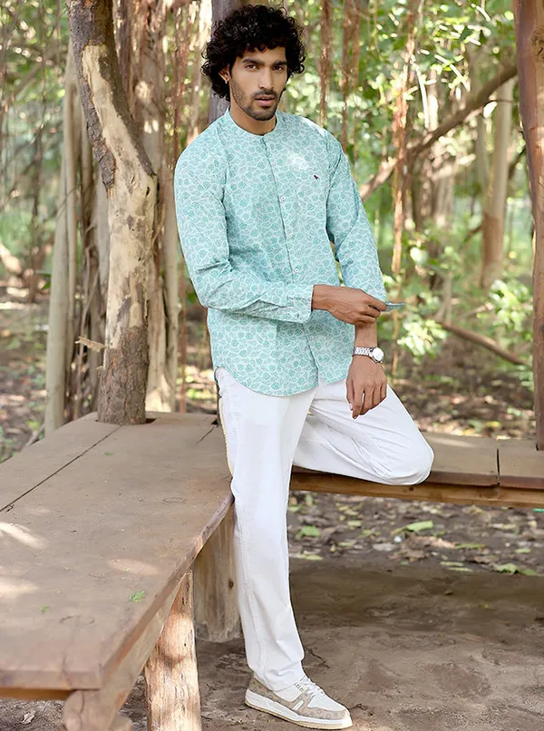 Mens_Premium_100_Cotton_Mint_Botanical_Print_Mandarin_Collar_Shirt_Mint_Pinstripe