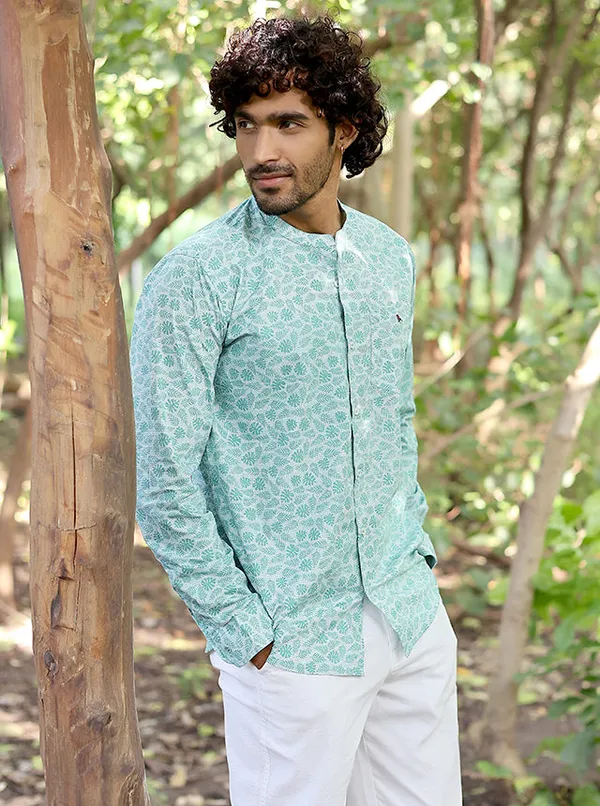 Mens_Premium_100_Cotton_Mint_Botanical_Print_Mandarin_Collar_Shirt_Mint_Pinstripe