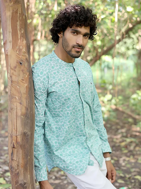 Mens_Premium_100_Cotton_Mint_Botanical_Print_Mandarin_Collar_Shirt_Mint_Pinstripe